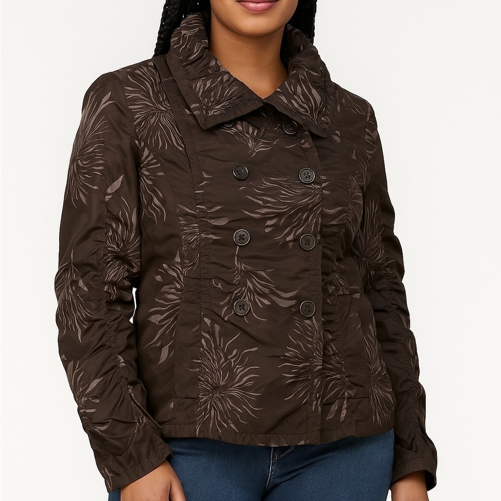 Insight Double Breasted Ruched Floral Print Jacket Sz 10 Brown Gray Lightweight
